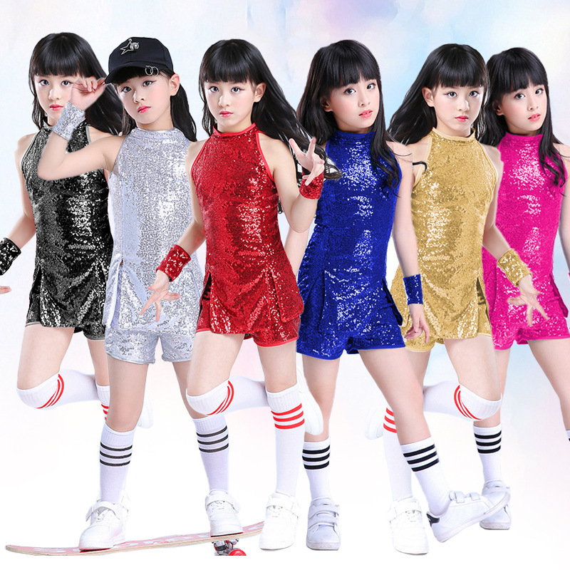 Children's red pink silver sequins Street hiphop Dance costumes girls cheerleading Jazz Dance Clothing Rapper singers gogo dancers Performance outfits