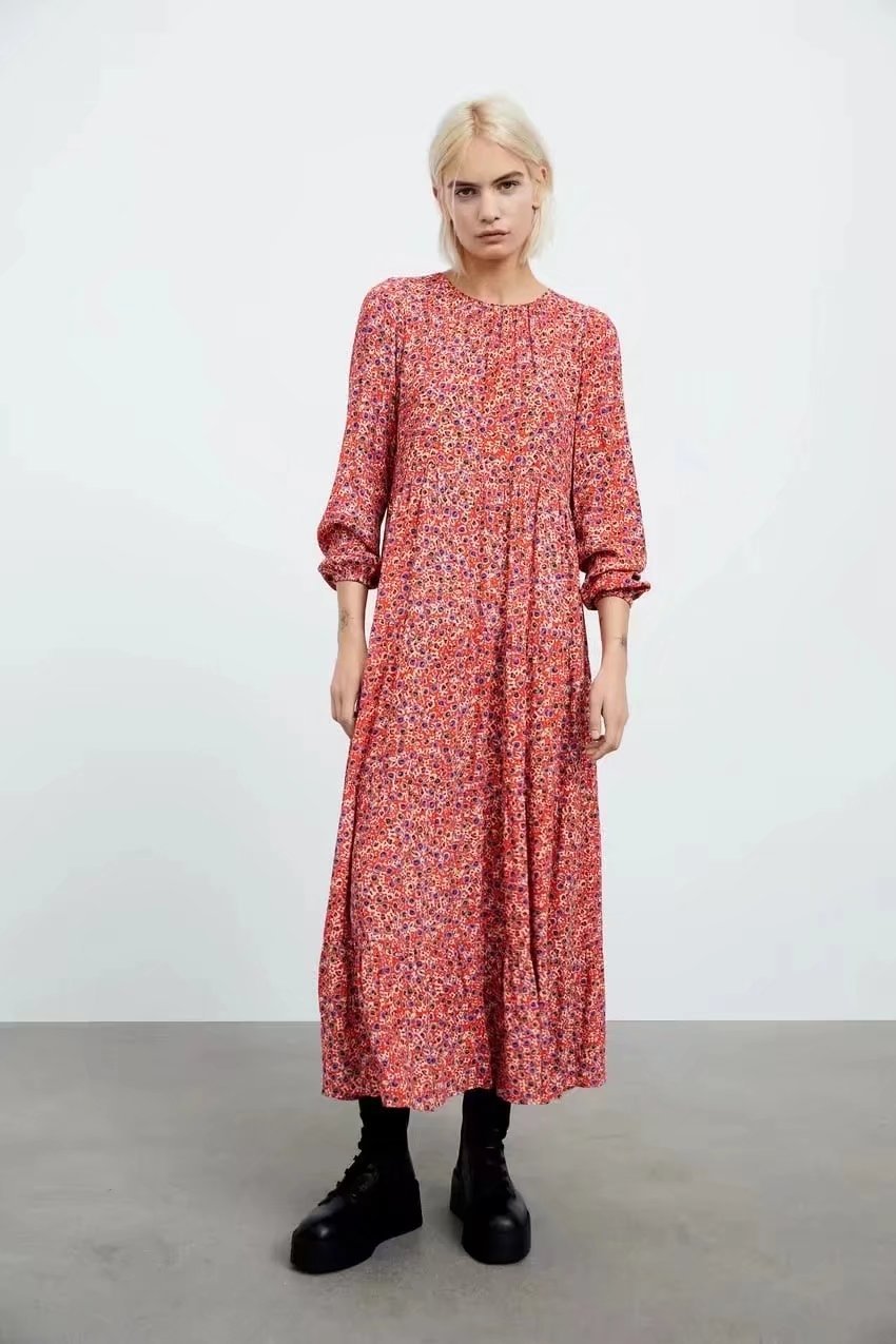 long-sleeved round neck floral print dress nihaostyles wholesale clothing NSAM91022