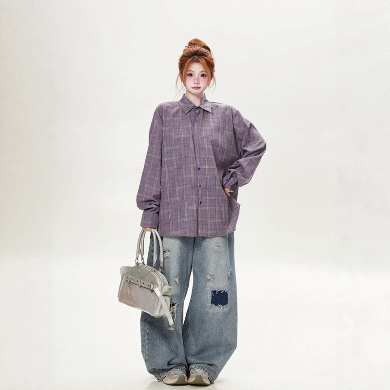 American retro plaid shirt for women, long-sleeved, loose-fitting, autumn casual, relaxed style, versatile purple top American retro plaid shirt for women, long-sleeved, loose-fitting, autumn casual, relaxed style, versatile purple top