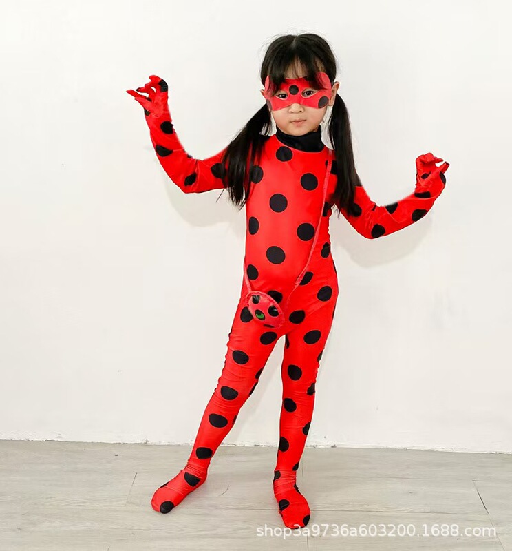 瓢虫少女衣服雷迪cos服装成人儿童黑猫瓢虫角色扮演假发腰包眼罩|undefined