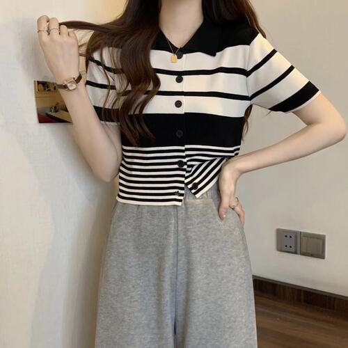 Summer Striped Polo Collar Short Sleeve Knit T-shirt for Women Sweet Cool Charming Thin Short Top