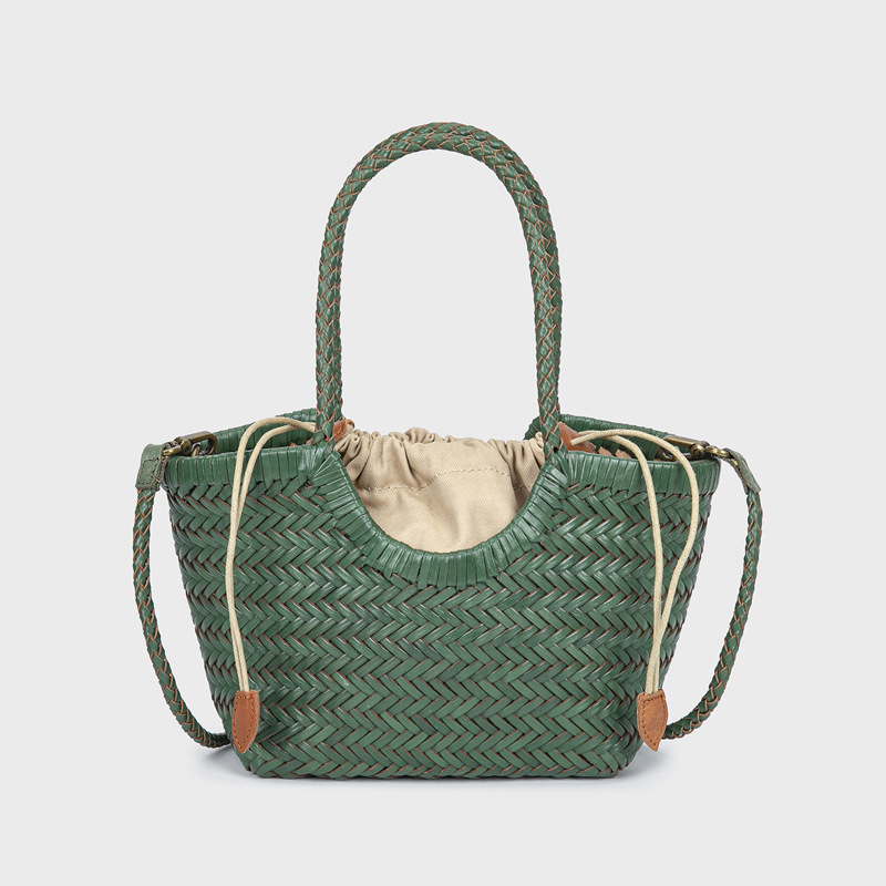 2026 Spring/Summer New Woven Market Basket Shoulder Crossbody Bag For Women Retro Genuine Leather Handbag Vacation Style Bag - Thumbnail 4