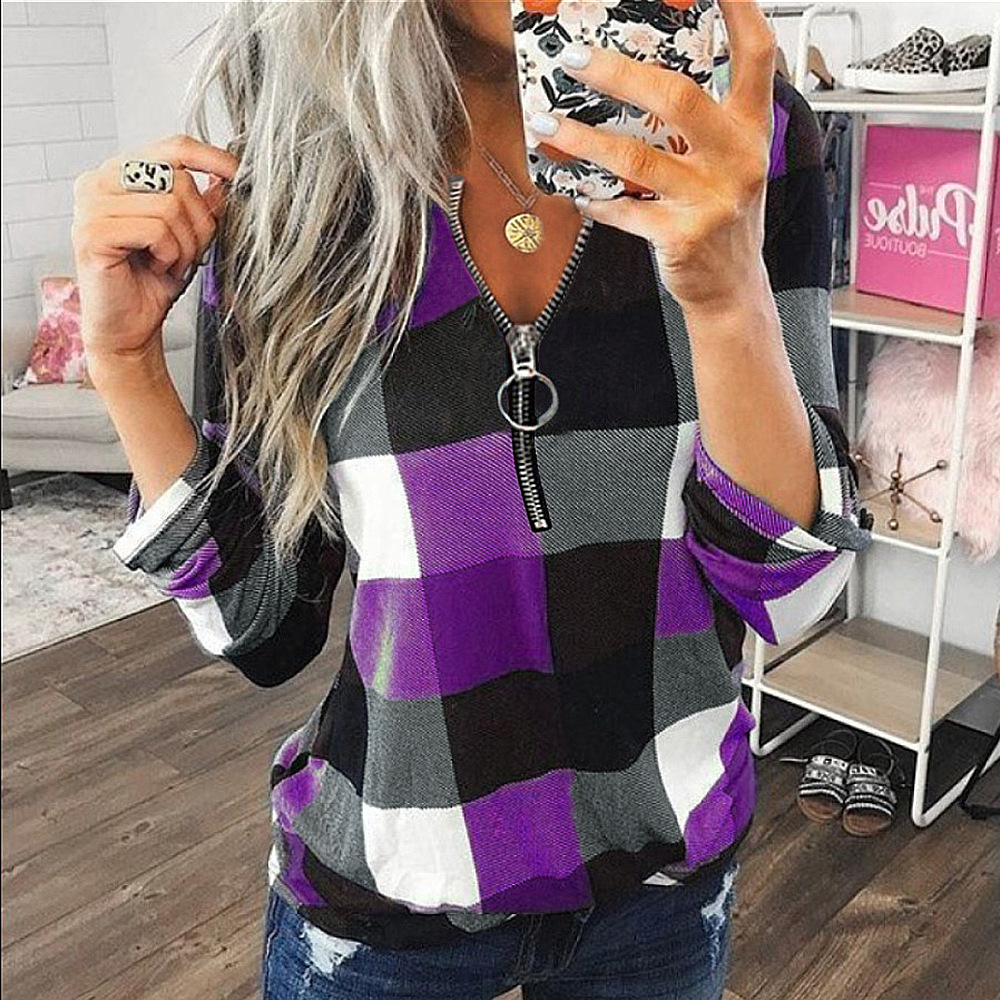 Frau Bluse Lange Ärmel Blusen Drucken Kette Lässig Plaid display picture 3