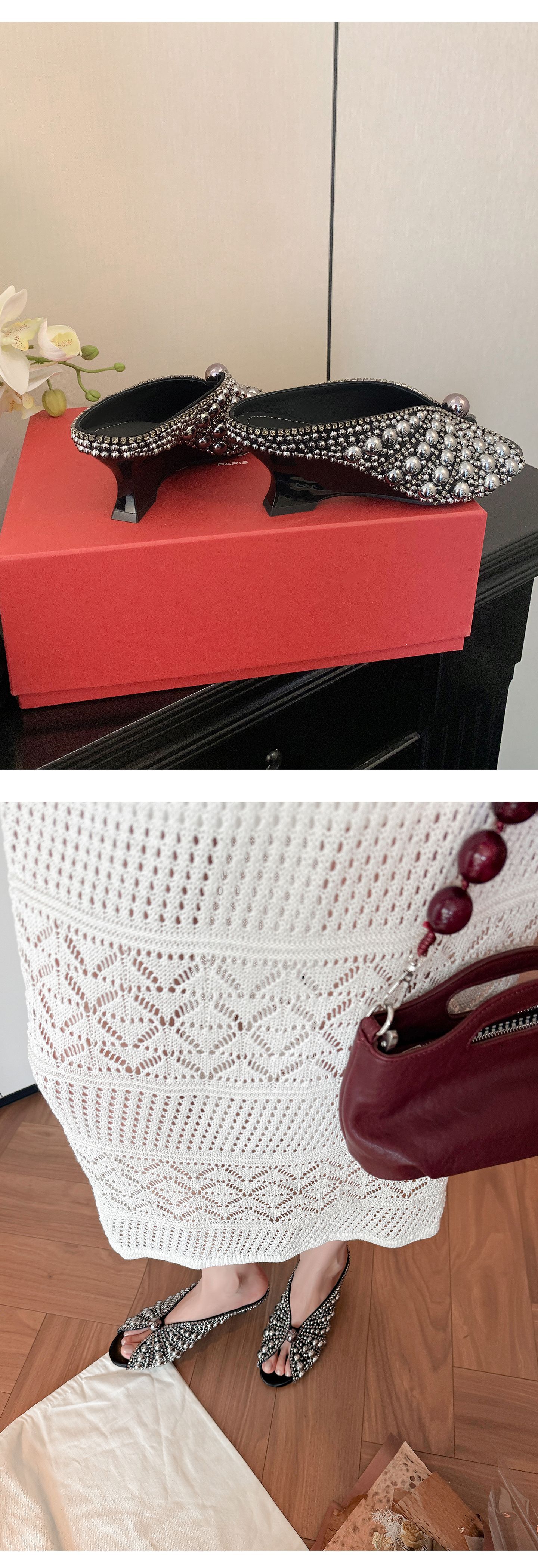 Sandal cao gót nữ mũi peep-toe đính ngọc trai, gót xuồng platform, phù hợp tiệc tùng — màu đen, màu trắng chi tiết 12