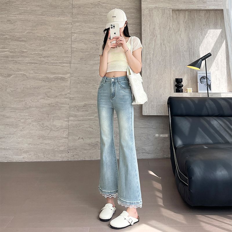 Jeans de encaje azul claro nueve puntos de primavera de mujer nuevo tamaño grande en forma de pera figura delgada elástica boquilla recta