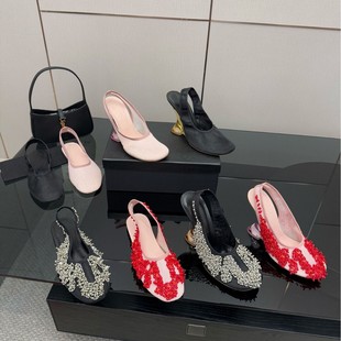 Haute Couture 2025 Summer New Fashionable Wedge Mesh Beaded Toe Sandals Women's Round Toe High Heels Back Strap Women's Shoes