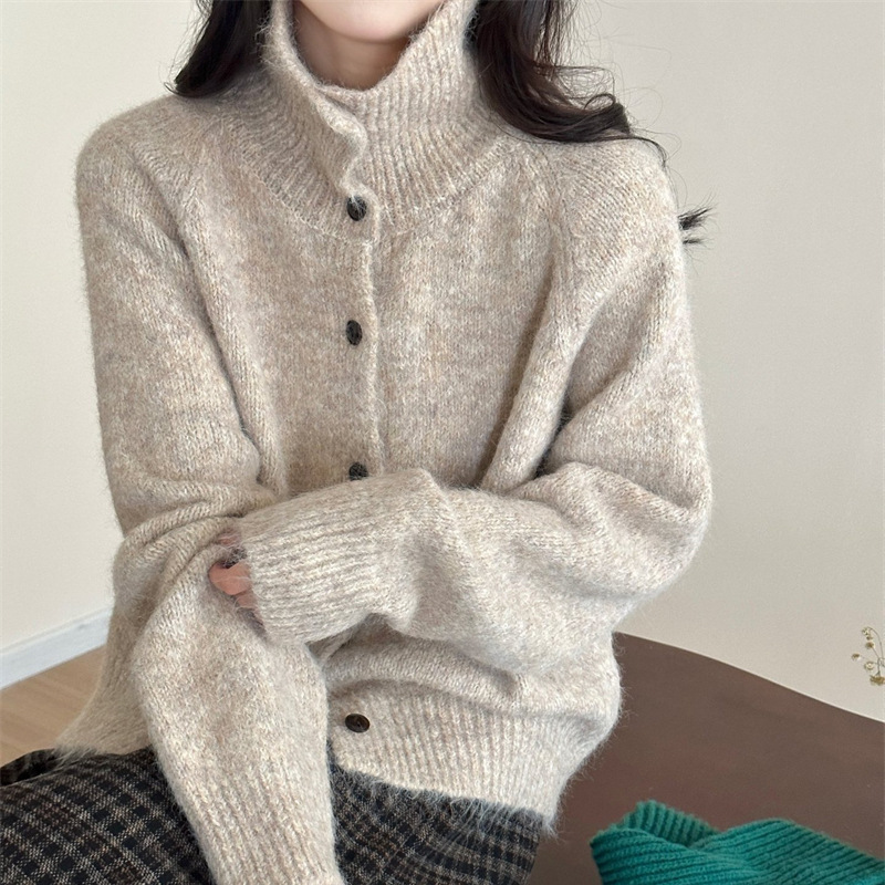 慵懒复古杂色花线高领纽扣毛衣外套女宽松秋冬软糯针织开衫厚上衣