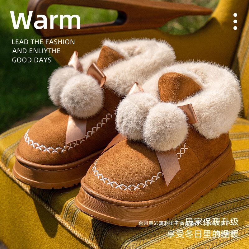 Winter Outdoor Home Cotton Slippers Women's Shoes with Bowknot Double Ball High-Top Cotton Boots with Plush Thickened Warm Snow Boots