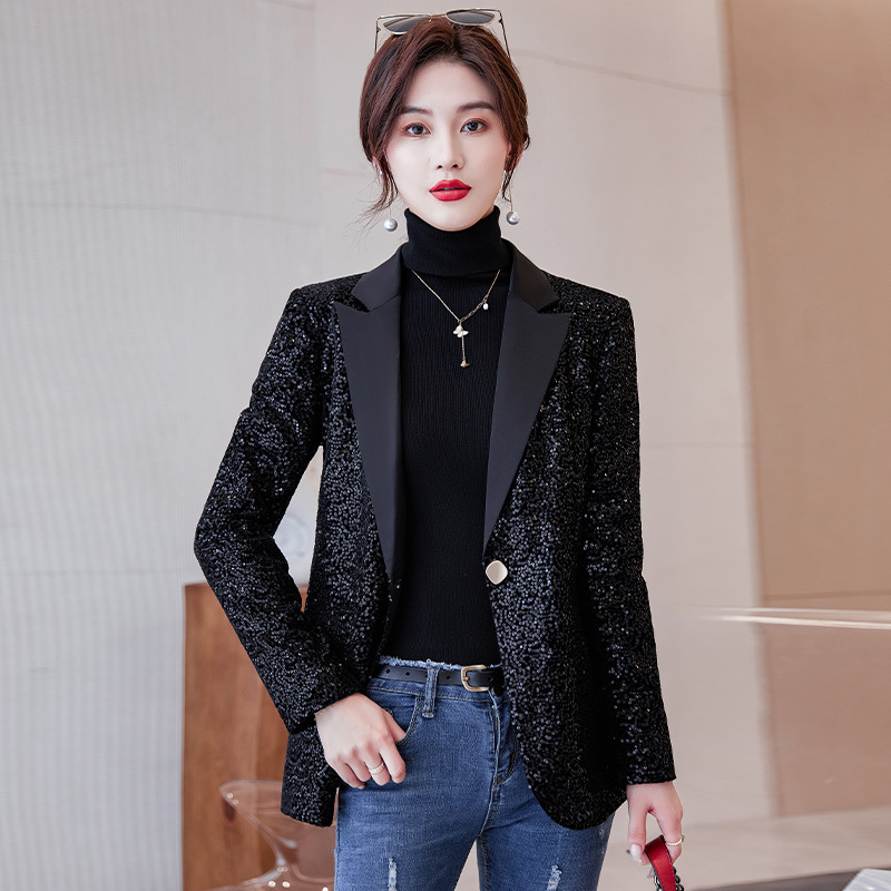 Black Suit Jacket Women's Spring and Autumn Fashion Temperament High-end Sense Fried Street Internet Celebrity Sequin Design Sense High-end Small Suit Black Suit Jacket Women's Spring and Autumn Fashion Temperament High-end Sense Fried Street Internet Celebrity Sequin Design Sense High-end Small Suit