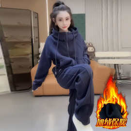 跨境 秋冬季加绒加厚套装女大码休闲宽松显瘦卫衣两件套胖mm300斤
