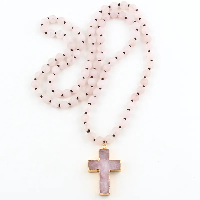 85g Weight Long Necklace Classification Natural Stone Chain Material Beaded Chain Chain Type 1 Piece Quantity Family Gathering, Date, Tea Party Occasion natural stone Material Cross Pattern Unisex Gender Bohemian Style Bohemian Cross Natural Stone Beaded Chain Long Necklace In Bulk 3