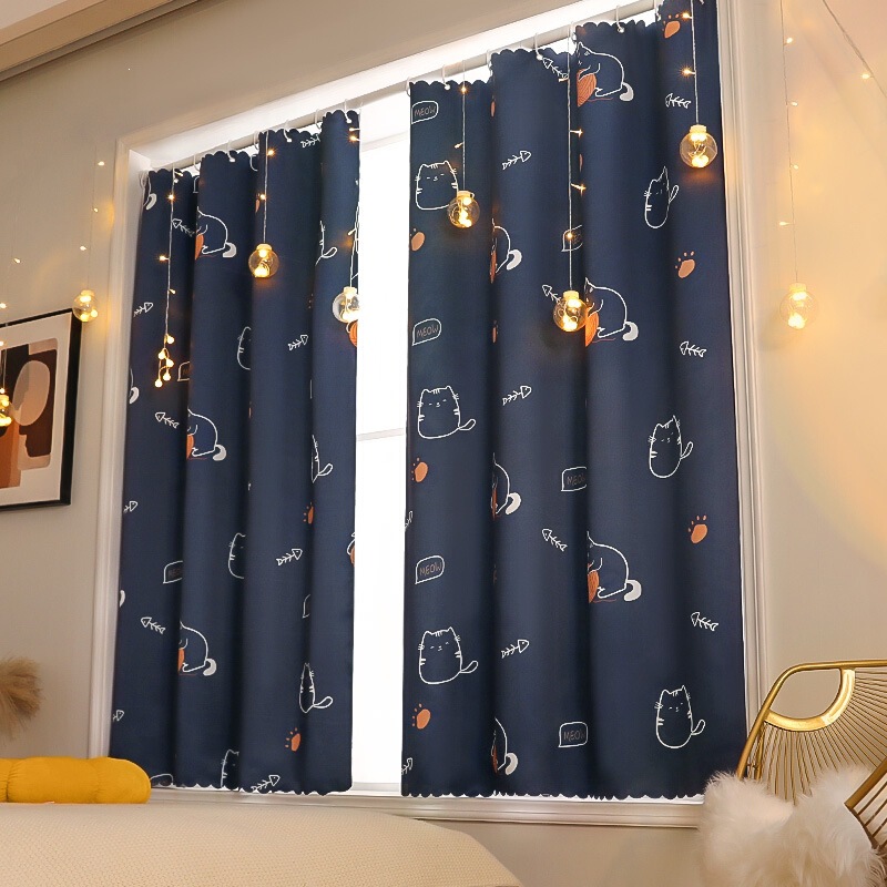 Hanging Ring-Style Ins-Style Curtains, Thickened Cartoon Design, Popular for Rental Houses, Heat Insulation, Light-Blocking, Export-Quality, Solid Color Blackout Fabric