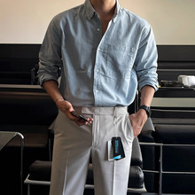 复古英伦成熟男士春秋衬衫百搭纯色亚麻衬衣高级感简约男装韩系潮
