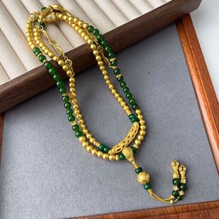 Long Spinach Green Bead Necklace New Chinese Style Versatile Temperament Sweater Chain Handmade Retro Accessories for Women