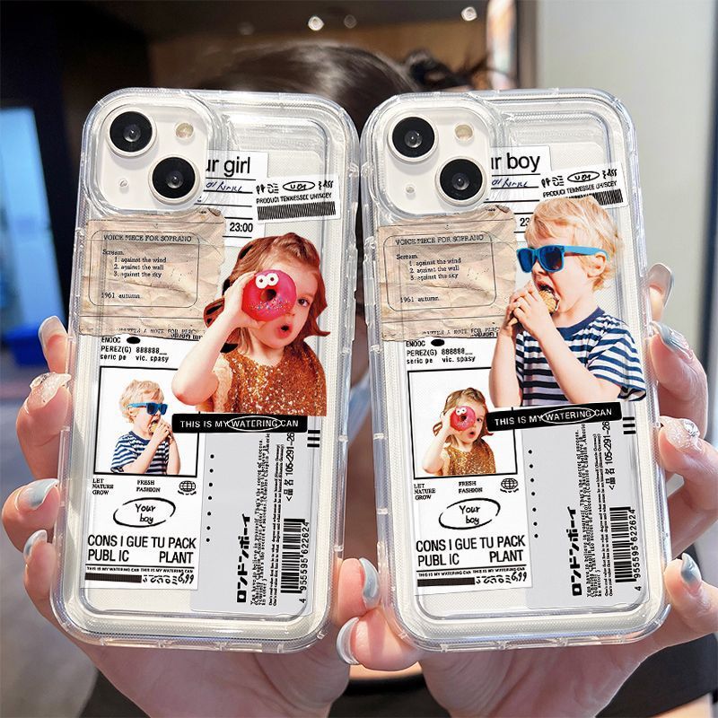 For Apple 14 Protective Case Airbag iPhone16promax Phone Case Simple Cartoon 15 European and American Ins Style