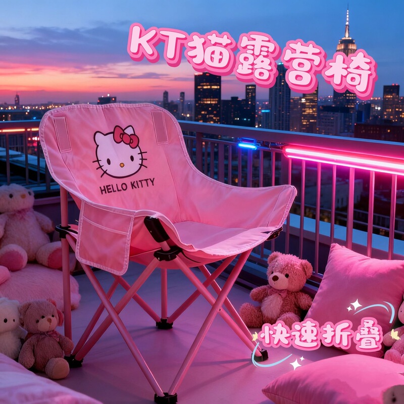 Outdoor cute Hello Kitty moon chair, easy to carry, foldable, pink, suitable for park, art student, heavy-duty camping chair