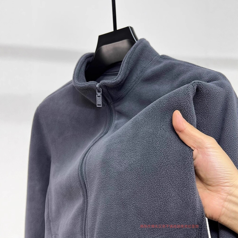 Fleece Jacket Men's Double-Sided Polar Fleece Pure Color Cardigan Sweatshirt Men's Winter Warm Casual Stand-Up Collar Jacket