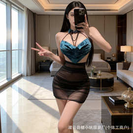 御姐情趣内衣女性感系带美背包臀裙珠串印花荡领激情诱惑旗袍制服