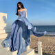 French style elegant tube top dress blue toast dress engagement birthday dress bride morning gown summer