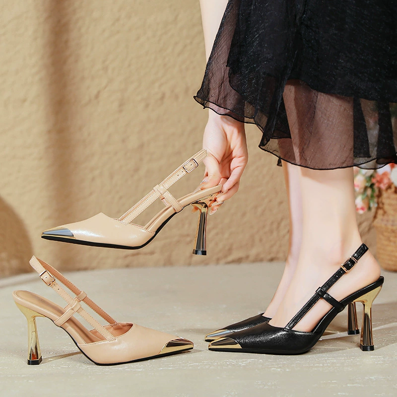 Французские металлические женские туфли на высоком каблуке с железным носком, летние женские туфли на шпильке с острым носком, большие размеры, сексуальные сандалии телесного цвета с полым носком сзади