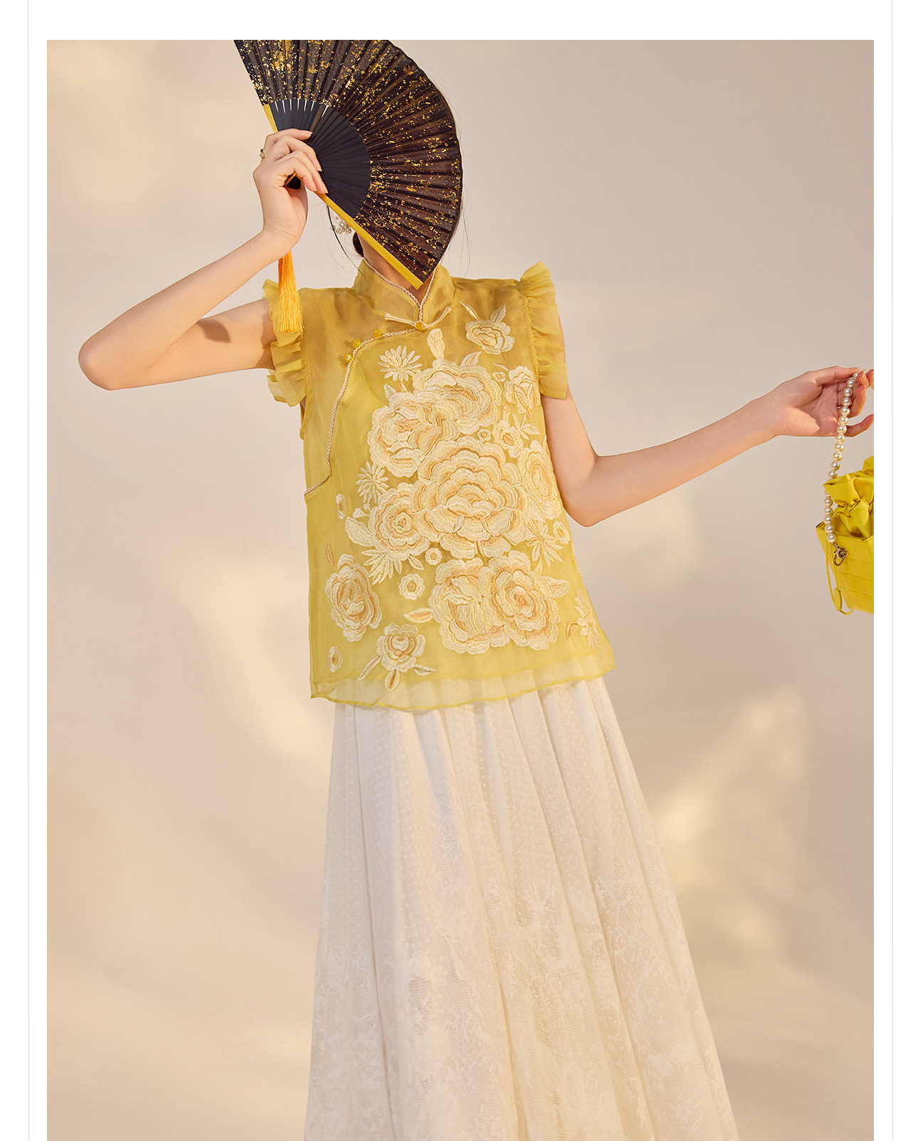 Áo vest gile nữ lụa tằm ren hoa cổ đứng cài nút kiểu Trung Hoa mùa hè N4012 — Màu vàng sữa chi tiết 14