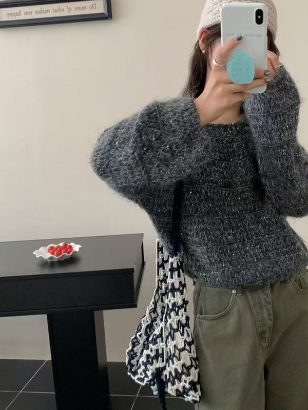 韩系专柜品质圆领纯色高级感慵懒风宽松显瘦长袖短款针织毛衣女|undefined