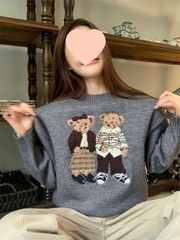 韩版可爱卡通小熊提花毛衣女秋季新款圆领套头长袖针织衫百搭上衣