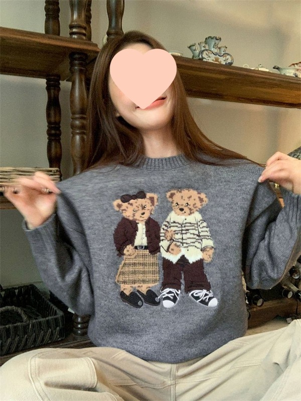 韩版可爱卡通小熊提花毛衣女秋季新款圆领套头长袖针织衫百搭上衣|undefined