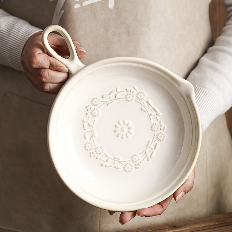 Japanese Style Retro Ceramic Plate Single Handle Plate Simple Kiln-Turned Plate Household Tableware Creative Commercial Salad Plate