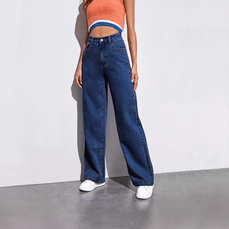 Cross-Border Temu Export European and American High-Waisted Wide-Leg Jeans for Women New Slim Straight Versatile Retro American Draped