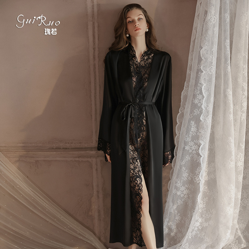 Sexy Lace Patchwork Satin Deep V Temptation Long Robe with Belt for Women Loungewear 4378