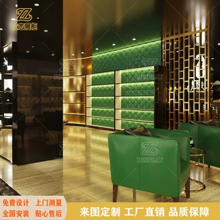 女鞋皮具软包带灯靠墙展柜收银前台换鞋凳箱包门店整店陈列柜定制