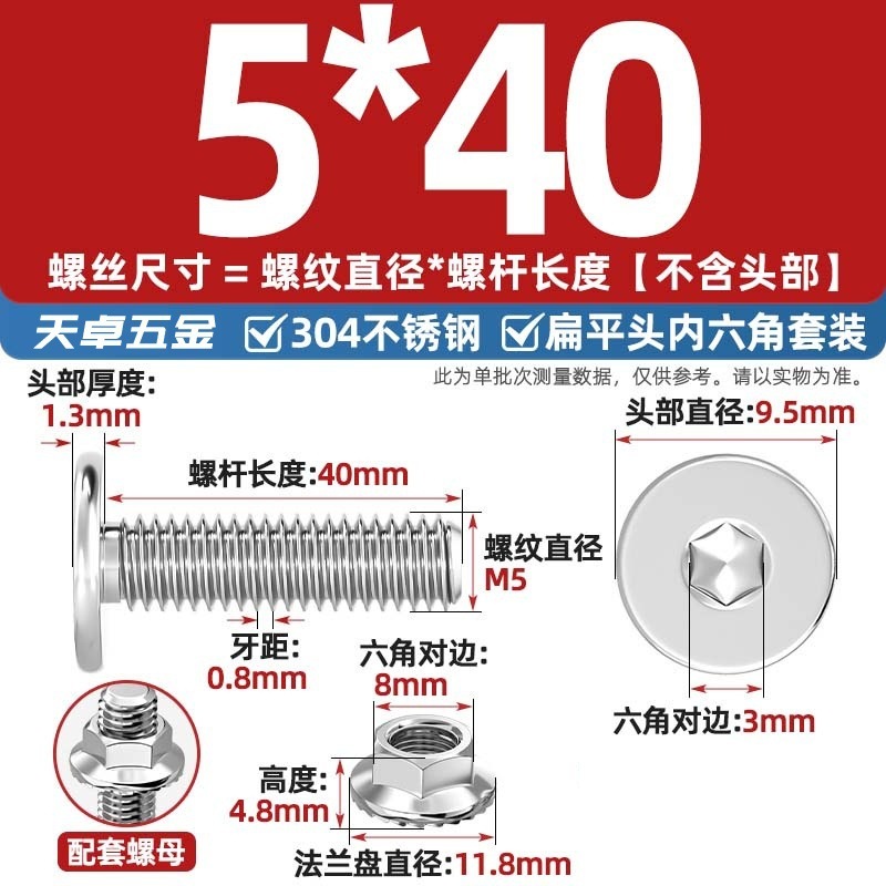 304不锈钢CM大平头超薄头C头扁平头内六角螺丝钉法兰边螺母套装M5|undefined