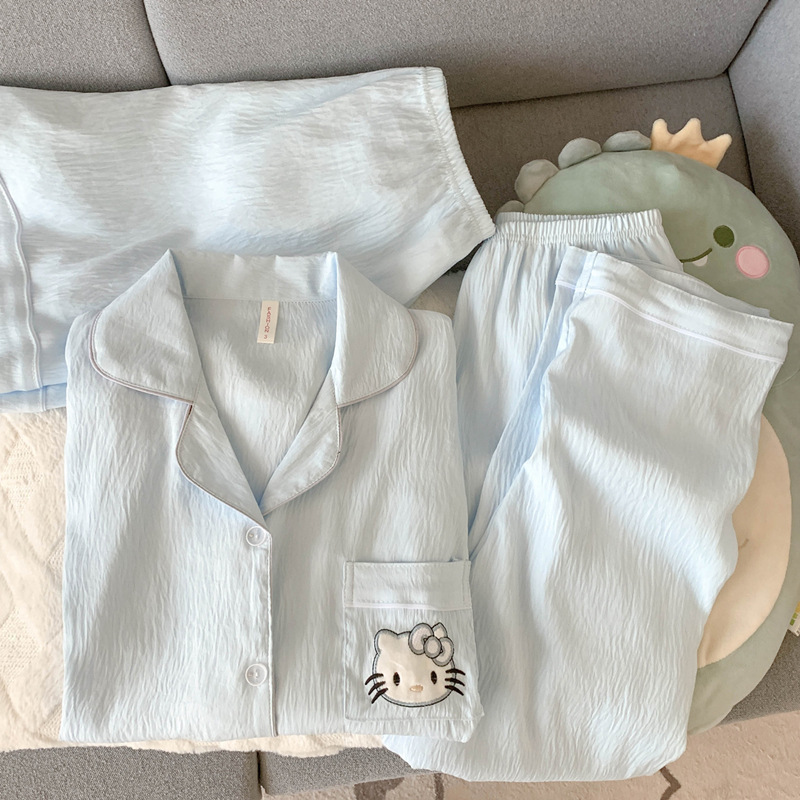 HelloKitty pijama de gasa de algodón puro para mujer verano 2025 nuevo traje de tres piezas de ropa de casa de estudiante lindo de manga corta