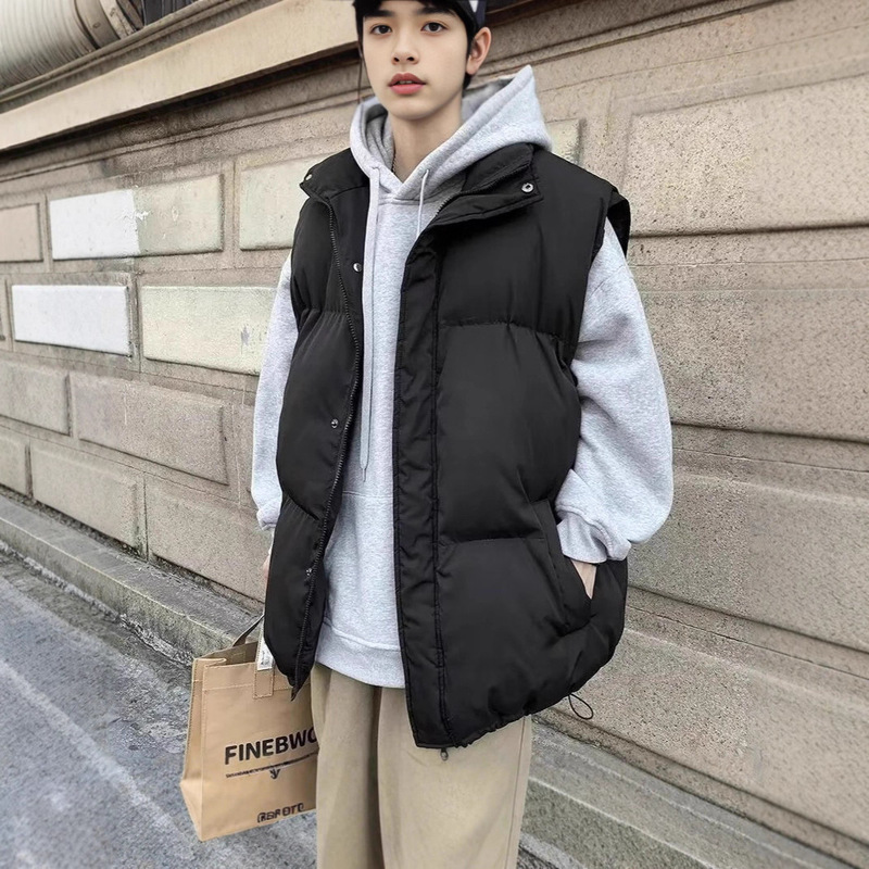 Hong Kong Style Stand-Up Collar Vest for Men, Autumn and Winter Trendy Cotton Outerwear, Couple's Sleeveless Vest, Loose and Versatile Warm Jacket