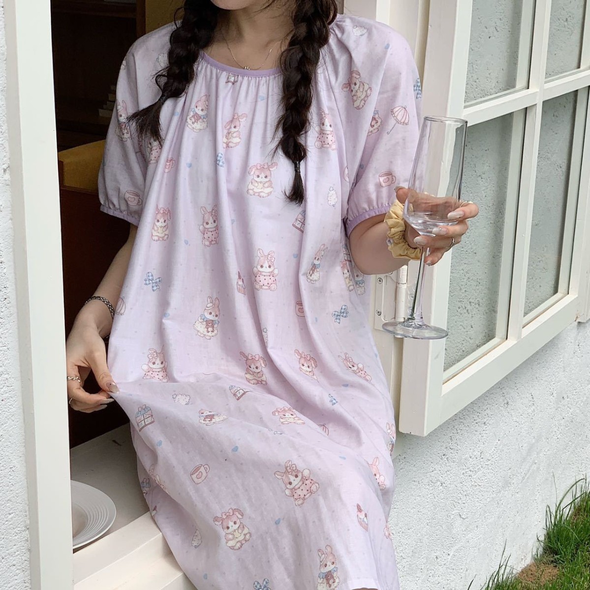 봄 여름 신상 한국식 더블 레이어 면사 A급 유산소사 홈 스커트 달콤한 라운드 넥 반팔 잠옷 가슴 패드 포함