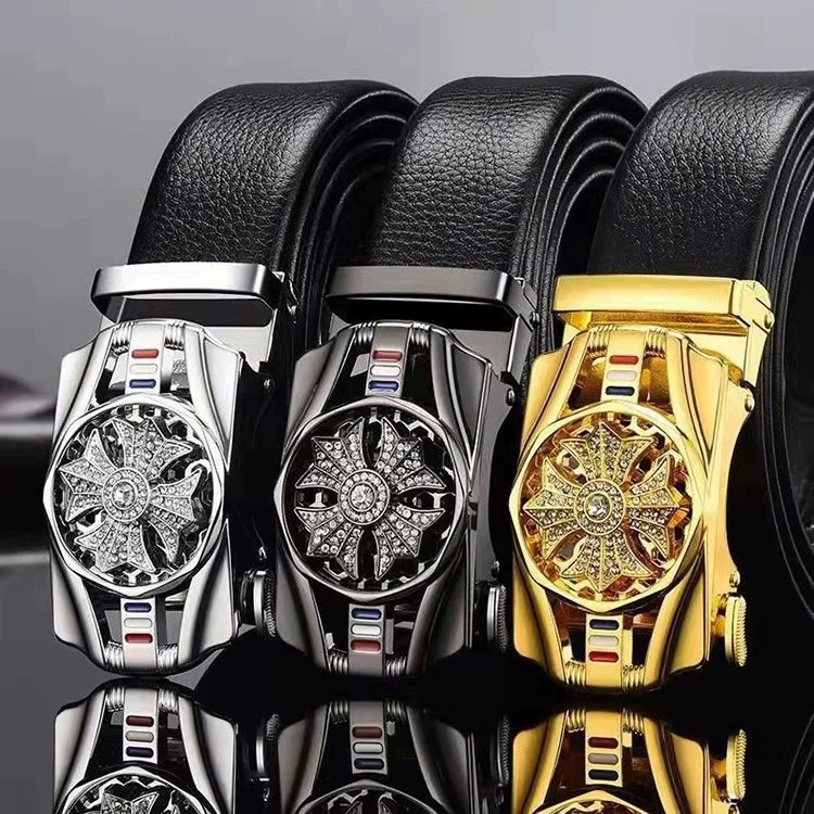 Оптовая продажа мужских кожаных ремней с автоматической пряжкой из сплава, ремень с пряжкой для привлечения удачи, пряжка для брюк.