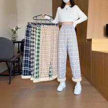 新款羊羔绒格子阔腿裤女冬季加绒加厚学生高腰直筒休闲裤保暖棉裤