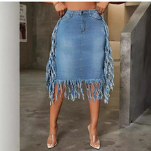 跨境 HSF2418亚马逊专供 欧美时尚潮流性感水洗牛仔流苏高腰中裙