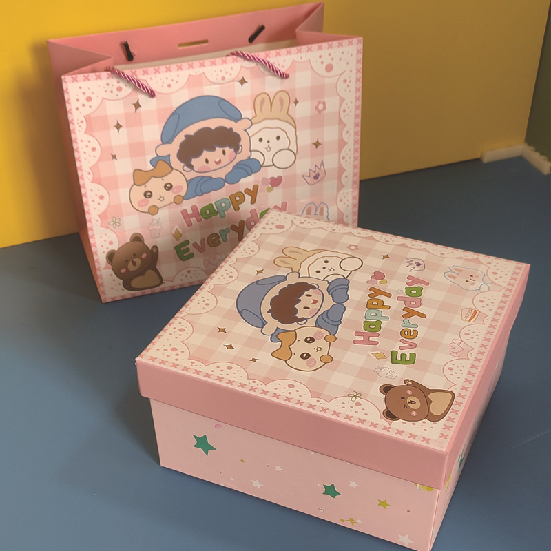 Коробка с крышкой «Небо и земля»; Happy Cartoon Pink (подарочная коробка + подарочный пакет; коробка: 20x10x20см)