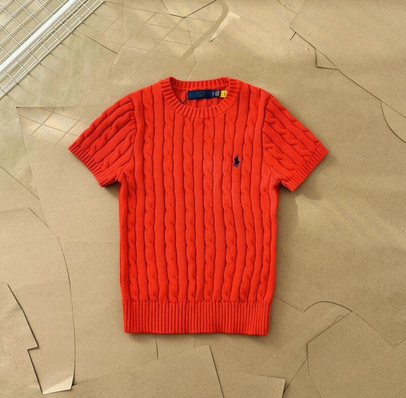 オリジナル版、オリジナルラベル、QRコード付き RLラフ 半袖ニット 刺繍入り ツイストニット ラウンドネック ポニーロゴ入りトップス|undefined