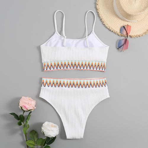  New Split Shoulder Strap Chevron Tape Bikini Swimsuit