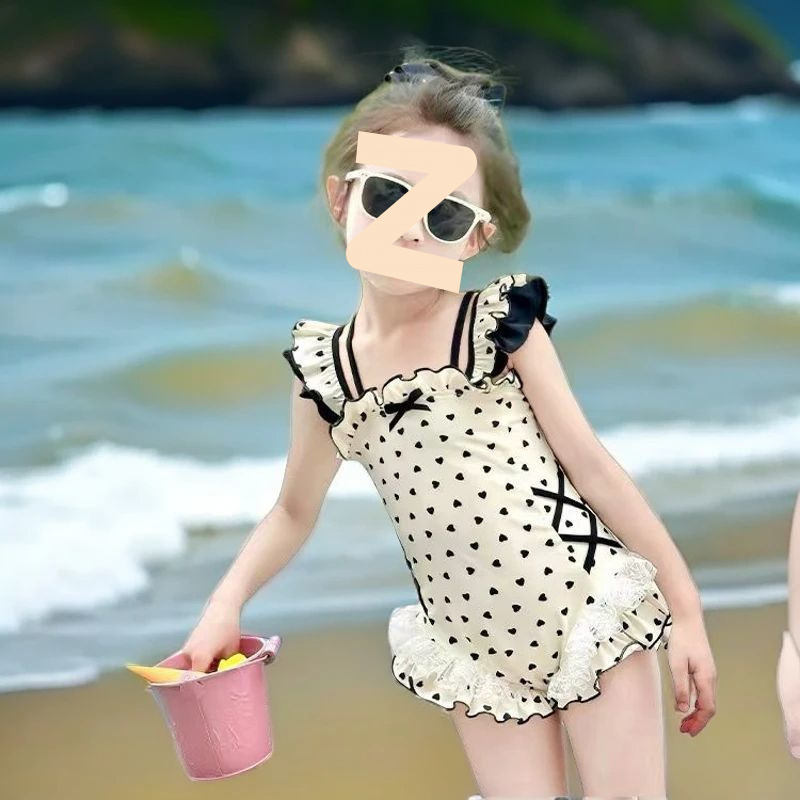 Girls One-Piece Swimsuit Kidsren's Summer Wear 2025 Fashionable Swimsuit Bow Sweet Heart Fashionable Quick-Drying Swimsuit