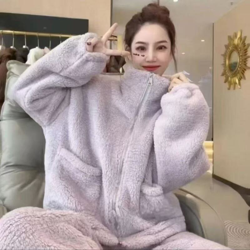 Winter Pajamas Set, Ultra-Thick High-End Women's Long-Sleeved Trousers, High Collar, Stand-Up Collar, Can Be Worn Outside, Home Pajamas, Zipper Loose Winter Pajamas Set, Ultra-Thick High-End Women's Long-Sleeved Trousers, High Collar, Stand-Up Collar, Can Be Worn Outside, Home Pajamas, Zipper Loose