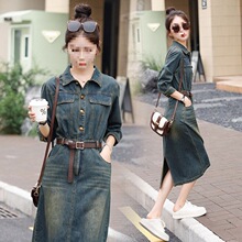 复古秋季新款女装气质高个子显瘦牛仔连衣裙子过膝长裙