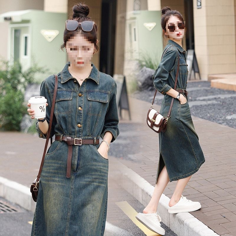 复古秋季新款女装气质高个子显瘦牛仔连衣裙子过膝长裙