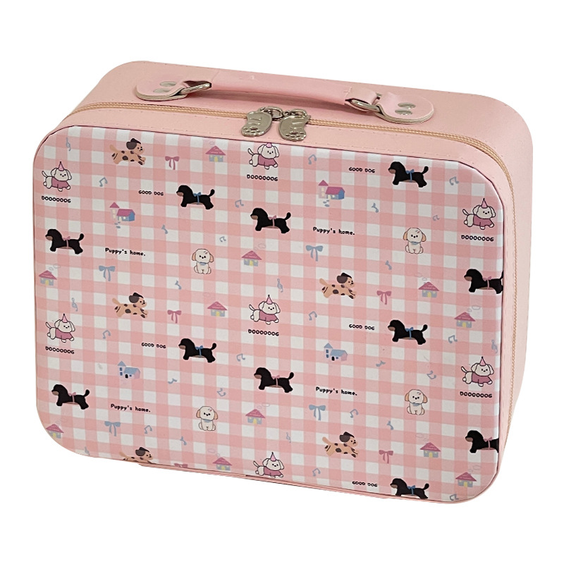 Nueva caja de cosméticos bolsa de almacenamiento de cosméticos de gran capacidad PU portátil con espejo de dibujos animados linda caja de almacenamiento de cachorros a cuadros
