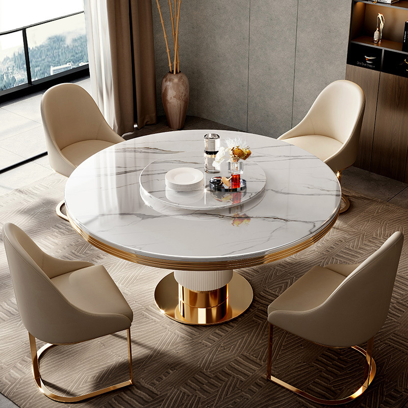 High-End Luxury Stone Round Dining Table with Turntable Luxury Villa Home Furniture Light Luxury Marble Restaurant Italian Light Luxury Style