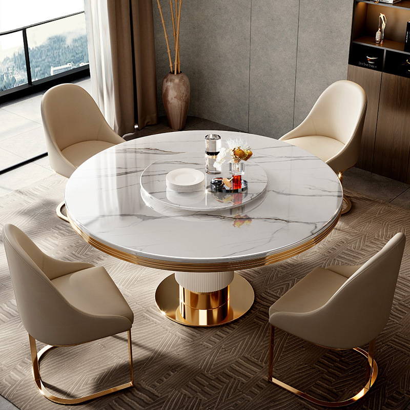High-End Luxury Stone Round Dining Table with Turntable Luxury Villa Home Furniture Light Luxury Marble Restaurant Italian Light Luxury Style
