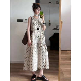 法式复古波点连衣裙女2025初夏穿搭宽松休闲长款大摆无袖背心裙子